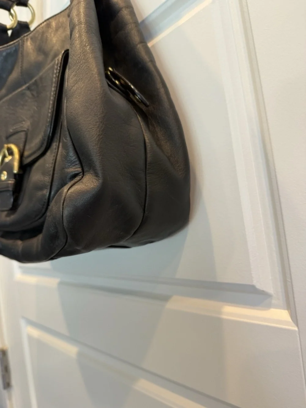 COACH Campbell F24686 Black Leather Large Hobo Shoulder Bag Chunky Brass Buckle
